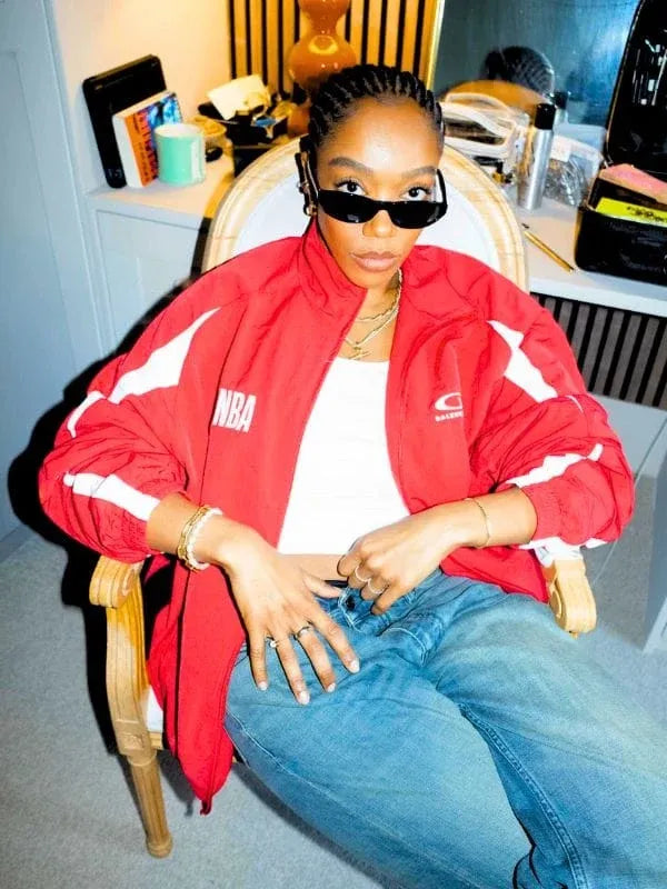 NBA London Game Naomi Ackie Red Jacket Jacket unisex detail view 4 | Dash Racegear — Bright red track jacket for NBA All Star London Game 2026 featuring Naomi Ackie branding and sleek zip closure.
