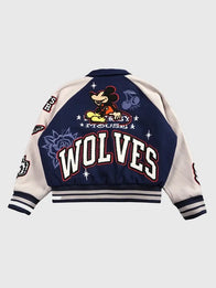 Mickey Mouse Wolves Club Rudy Letterman Jacket Jacket unisex detail view 3 | Dash Racegear — Mickey Mouse Wolves Club Roxy Box Cut Rudy varsity jacket blending classic letterman styling with premium everyday wearability.
