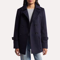 Womens Navy Blue Peacoat Coat women front product view | Dash Racegear — Double Breasted Womens Navy Blue Wool Peacoat