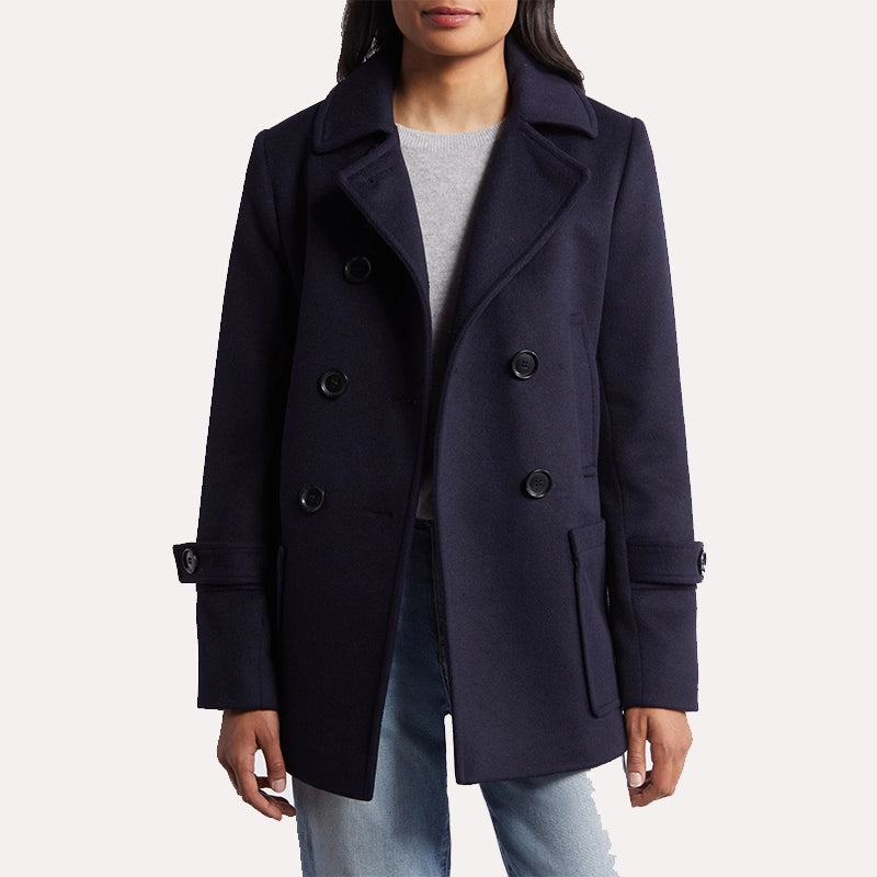 Womens Navy Blue Peacoat Coat women front product view | Dash Racegear — Double Breasted Womens Navy Blue Wool Peacoat