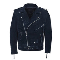 Men’s Navy Blue Suede Biker Leather Jacket Leather Jacket men front product view | Dash Racegear — Men's Navy Blue Suede Biker Leather Jacket