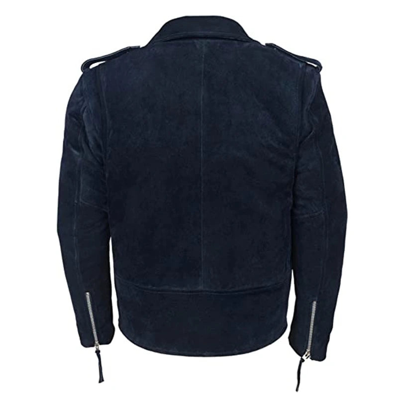 Men’s Navy Blue Suede Biker Leather Jacket Leather Jacket men detail view 2 | Dash Racegear — Navy Blue Suede Biker Leather Jacket