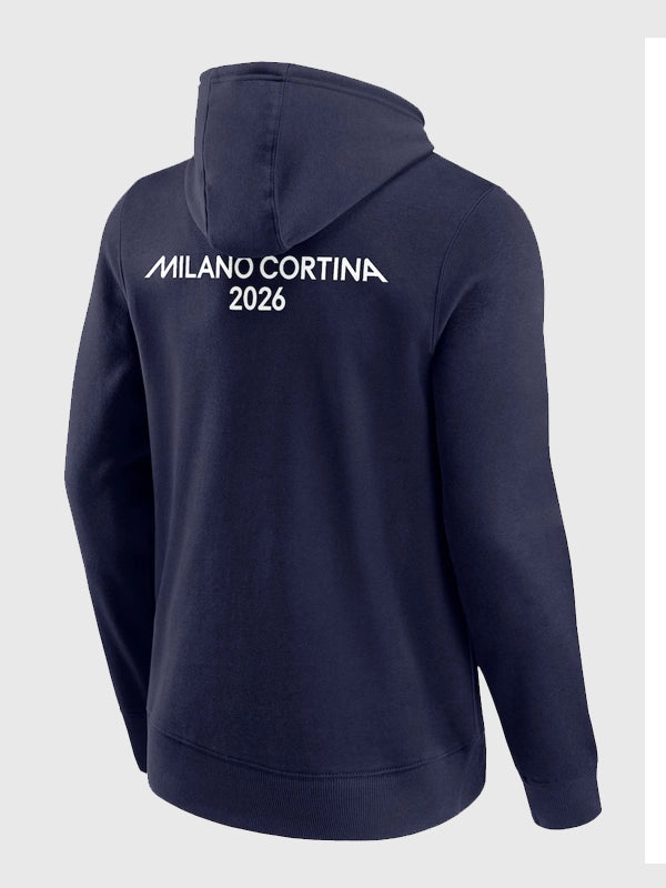 Milano Cortina 2026 Olympics Front & Back Logo Graphic Hoodie Hoodie unisex detail view 3 | Dash Racegear — Navy Milano Cortina 2026 Winter Olympics Hoodie, cozy and stylish with bold logo prints celebrating the Games.