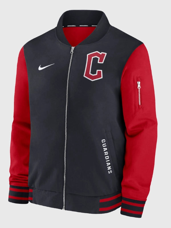 Cleveland Guardians 2026 Dugout Jacket Jacket unisex detail view 2 | Dash Racegear — Full-zip bomber jacket in navy and red featuring Guardians branding influence and simple athletic style.