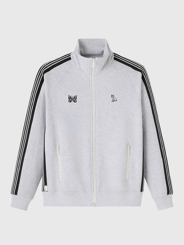 OVO x Needles Track Jacket Jacket unisex front product view | Dash Racegear — Grey full-zip fleece track jacket by October's Very Own x Needles, unisex fit with sleek streetwear style.