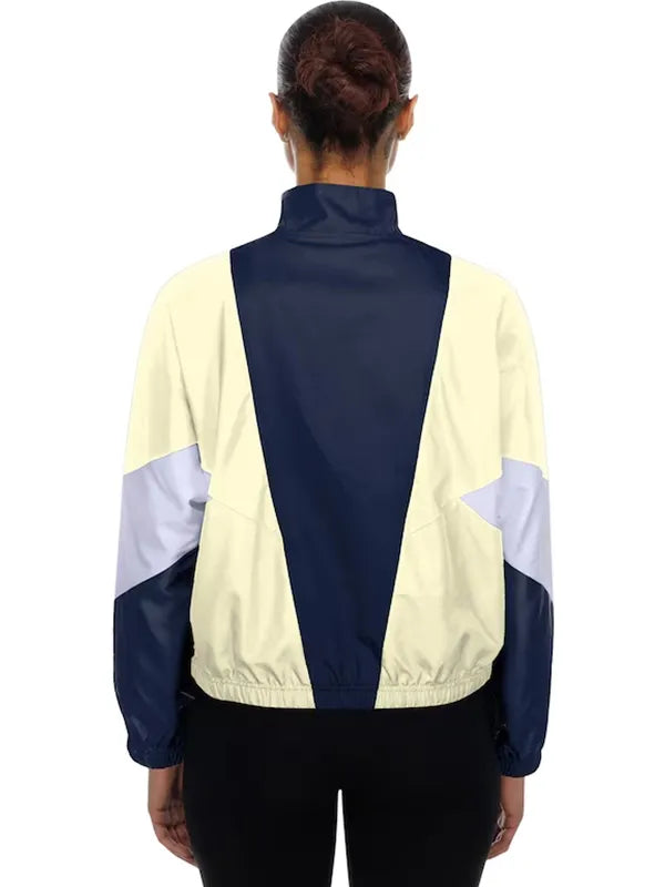 Dodgers New Era Leisure City Connect Windbreaker Jacket Jacket unisex detail view 2 | Dash Racegear — Navy and cream Dodgers full-zip windbreaker for women, ideal for everyday sporty style.
