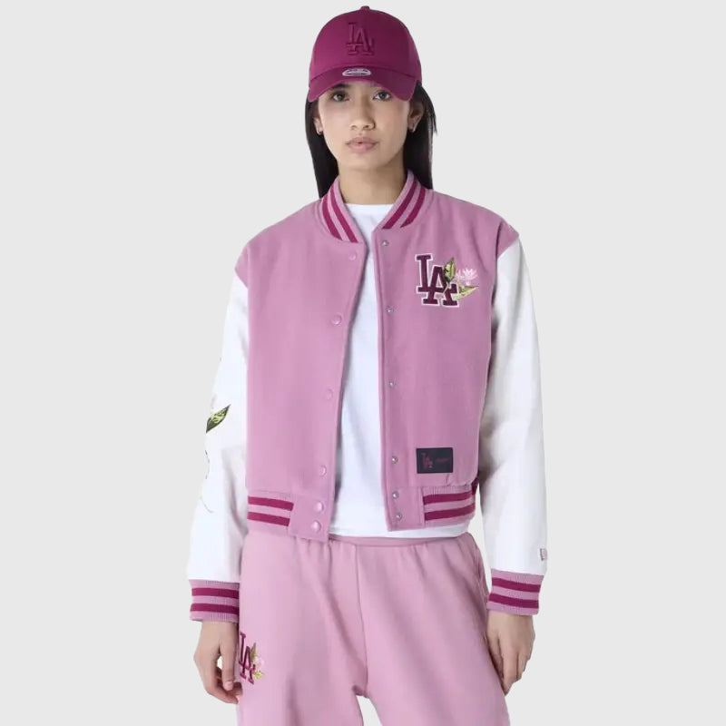 New Era LA Dodgers Floral Pink Varsity Jacket Varsity Jacket unisex front product view | Dash Racegear — New Era Dodgers Jacket – Pastel Pink & Floral Elegance