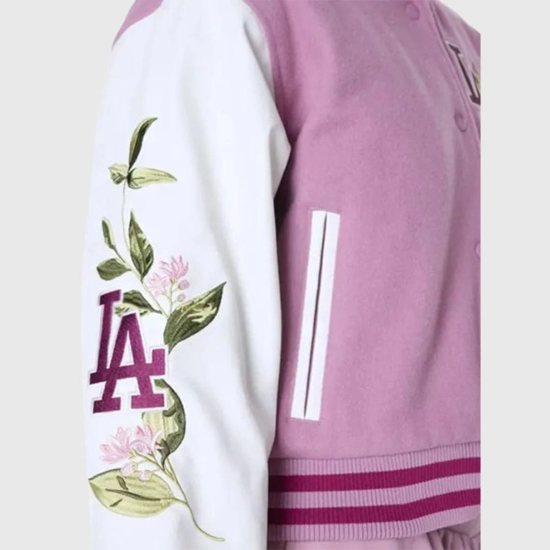 New Era LA Dodgers Floral Pink Varsity Jacket Varsity Jacket unisex detail view 3 | Dash Racegear — Stand out in the New Era LA Dodgers Floral Jacket