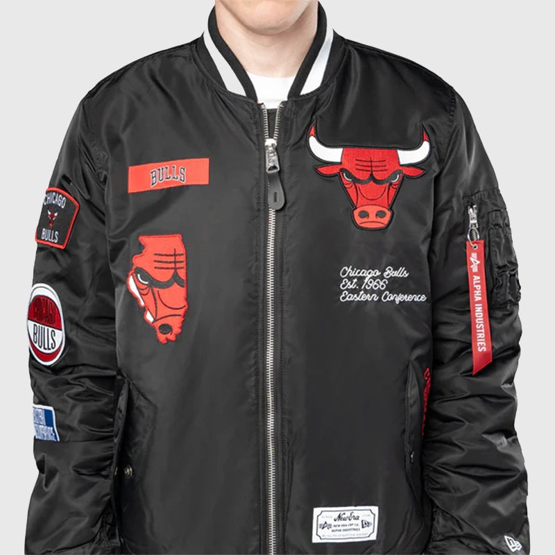 Chicago Bulls New Era Alpha Industries Patch Jacket Jacket unisex detail view 3 | Dash Racegear — New Era Chicago Bulls jacket with Alpha Industries patches