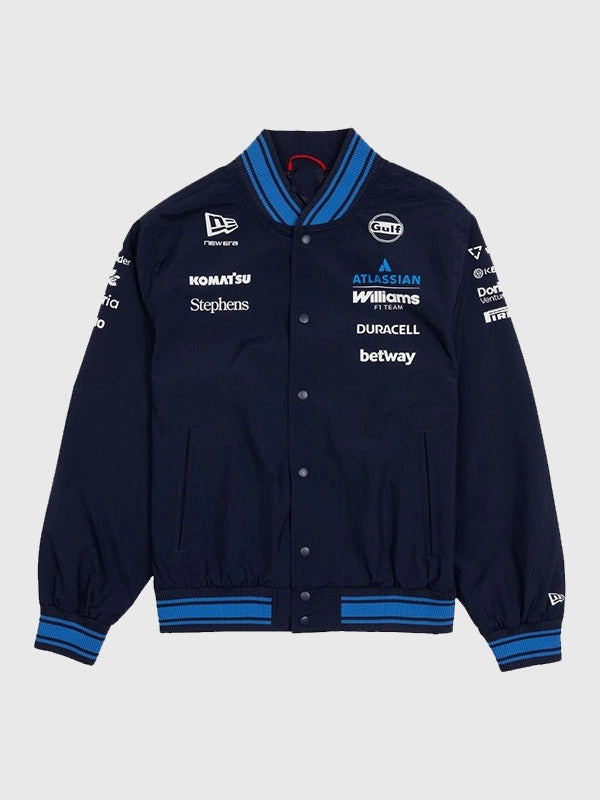 New Era x Atlassian Williams F1 Team Varsity Jacket Varsity Jacket unisex front product view | Dash Racegear — Navy varsity jacket from New Era x Atlassian, 2026 Williams F1 Team edition, sleek and fan-focused style.