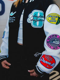 Sabrina Ionescu Nike Any Time Any Where Varsity Jacket Varsity Jacket unisex detail view 3 | Dash Racegear — Sabrina Ionescu Nike varsity jacket showcasing premium craftsmanship with bold New York Liberty-inspired appeal.