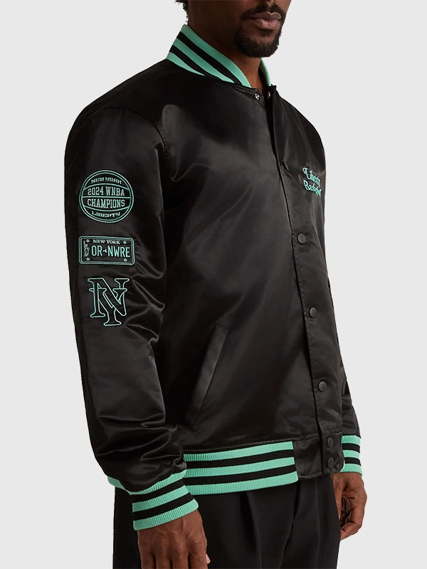 Liberty Twin Flame Varsity Jacket Varsity Jacket unisex detail view 4 | Dash Racegear — New York or Nowhere Black Varsity Jacket featuring a comfortable fit, striking details, and a contemporary fashion vibe.