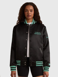 Liberty Twin Flame Varsity Jacket Varsity Jacket unisex detail view 2 | Dash Racegear — Black New York or Nowhere Liberty Twin Flame Varsity Jacket with a relaxed fit, varsity-inspired details, and modern urban appeal.