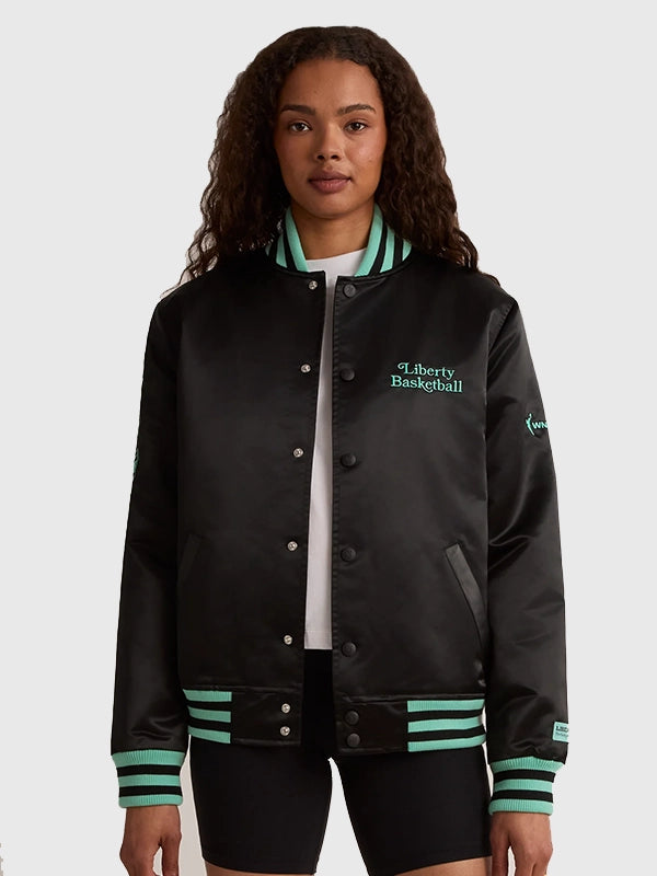 Liberty Twin Flame Varsity Jacket Varsity Jacket unisex detail view 2 | Dash Racegear — Black New York or Nowhere Liberty Twin Flame Varsity Jacket with a relaxed fit, varsity-inspired details, and modern urban appeal.