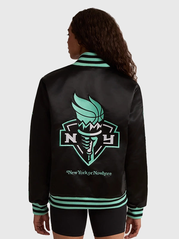 Liberty Twin Flame Varsity Jacket Varsity Jacket unisex detail view 3 | Dash Racegear — The Liberty Twin Flame Black Varsity Jacket blends timeless outerwear style with a sleek design and city-inspired aesthetic.