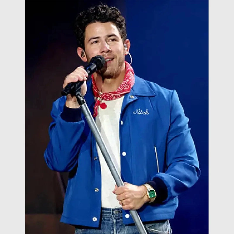 Nick Jonas JONAS20 Blue Jacket Jacket unisex front product view | Dash Racegear — Nick Jonas-Inspired Blue Jacket – JONAS20 Edition