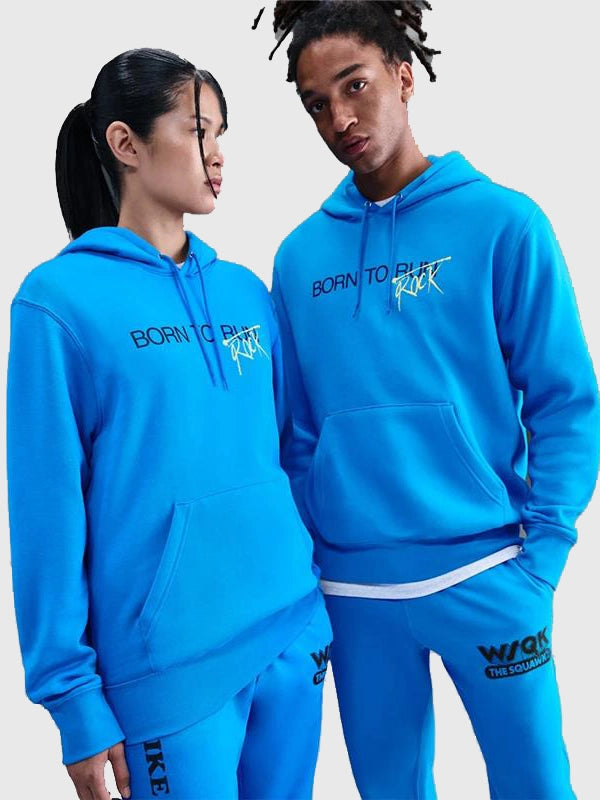 Nike x Stranger Things The SQWK Hoodie Hoodie unisex front product view | Dash Racegear — Blue Nike SQWK Born to Rock Hoodie, Stranger Things collaboration, graphic streetwear look.