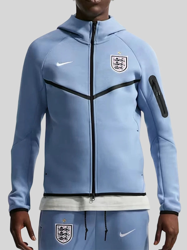 Nike England Soccer Hoodie Hoodie unisex front product view | Dash Racegear — Nike England Soccer Full-Zip Tech Fleece Windrunner jacket in navy, built for training and match-day wear.