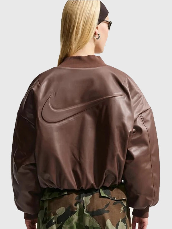 Nike Womens Therma Fit Bomber Jacket Bomber Jacket unisex detail view 4 | Dash Racegear — Fall 2026 Nike leather bomber jacket in brown designed with a refined fit and modern appeal.