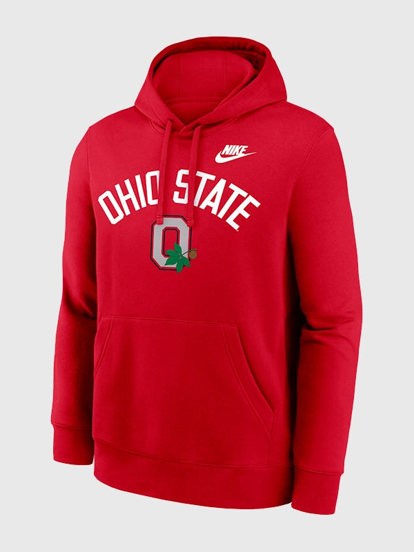 Ohio State Nike Legacy Arch Club Red Hoodie Hoodie unisex detail view 2 | Dash Racegear — Red Nike Ohio State Legacy Arch Club pullover hoodie crafted for cozy comfort and versatile casual fashion.