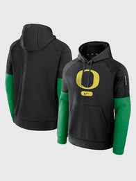 Oregon Ducks Fitness Performance Hoodie Hoodie unisex front product view | Dash Racegear — Nike Black Oregon Ducks Fitness Performance Pullover Hoodie, lightweight and breathable for active wear.