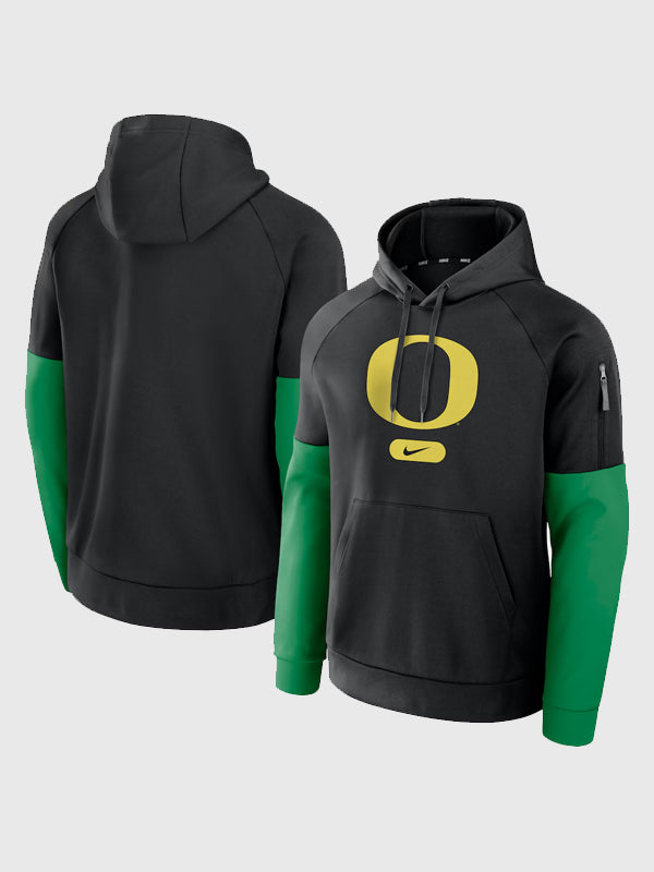 Oregon Ducks Fitness Performance Hoodie Hoodie unisex front product view | Dash Racegear — Nike Black Oregon Ducks Fitness Performance Pullover Hoodie, lightweight and breathable for active wear.