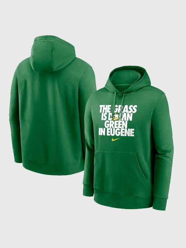 Nike Oregon Ducks Grass Is Green Hoodie Hoodie unisex front product view | Dash Racegear — Men’s Nike Oregon Ducks Green Hoodie combines relaxed fit, soft fleece, and iconic team design.