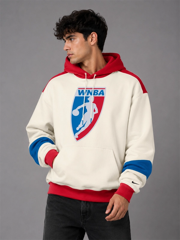 WNBA Legends Nike Basketball Hoodie Hoodie unisex detail view 4 | Dash Racegear — 2026 Nike WNBA Legends hoodie in beige with classic hoops imagery, oversized pullover frame, and fleece backing