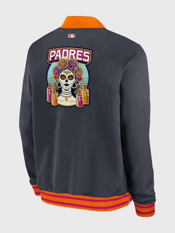 San Diego Padres 2026 City Connect Bomber Jacket Bomber Jacket unisex detail view 3 | Dash Racegear — Nike Padres 2026 City Connect bomber jacket, full-zip design in black and orange, ideal for everyday fan wear.