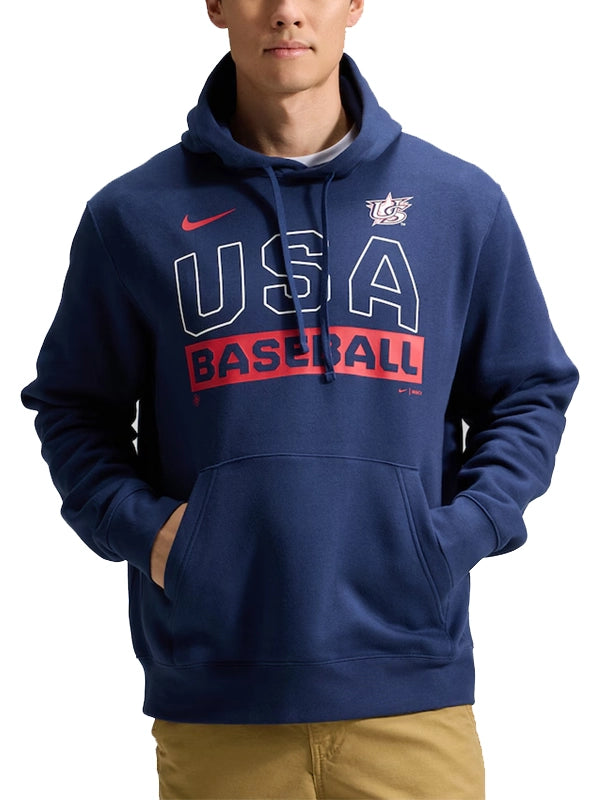 USA Baseball Nike 2026 World Baseball Classic Club Hoodie Hoodie unisex detail view 2 | Dash Racegear — USA Nike Club Baseball Hoodie 2026 WBC, navy fleece hoodie with hood and relaxed fit, perfect for casual wear.
