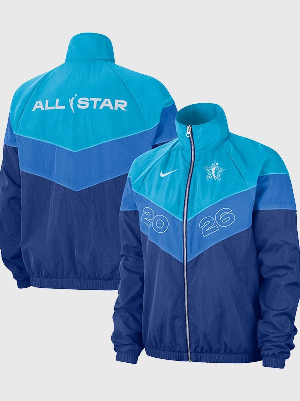 Women’s 2026 WNBA All-Star Game Windrunner Jacket Jacket unisex front product view | Dash Racegear — Nike Women's WNBA All-Star Game 2026 Rush Blue Windrunner Full-Zip Jacket with lightweight comfort and modern athletic-inspired everyday style.