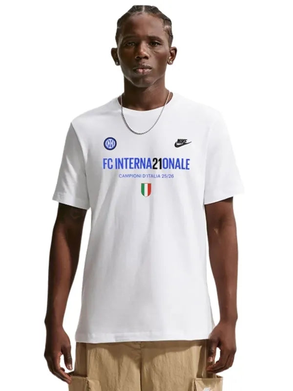Inter Milan Nike Campioni D’Italia 2025/26 T-Shirt Shirt unisex front product view | Dash Racegear — Nike 2025/26 Inter Milan Campioni D’Italia White T-Shirt classic football tee clean look ideal for casual sporty styling