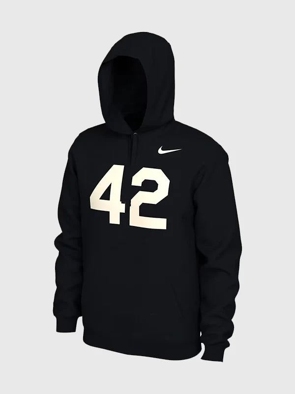 Nike Jackie Robinson Hoodie Hoodie unisex front product view | Dash Racegear — Nike Sportswear Club Jackie Robinson 42 black hoodie, soft fleece pullover for classic sports heritage style.