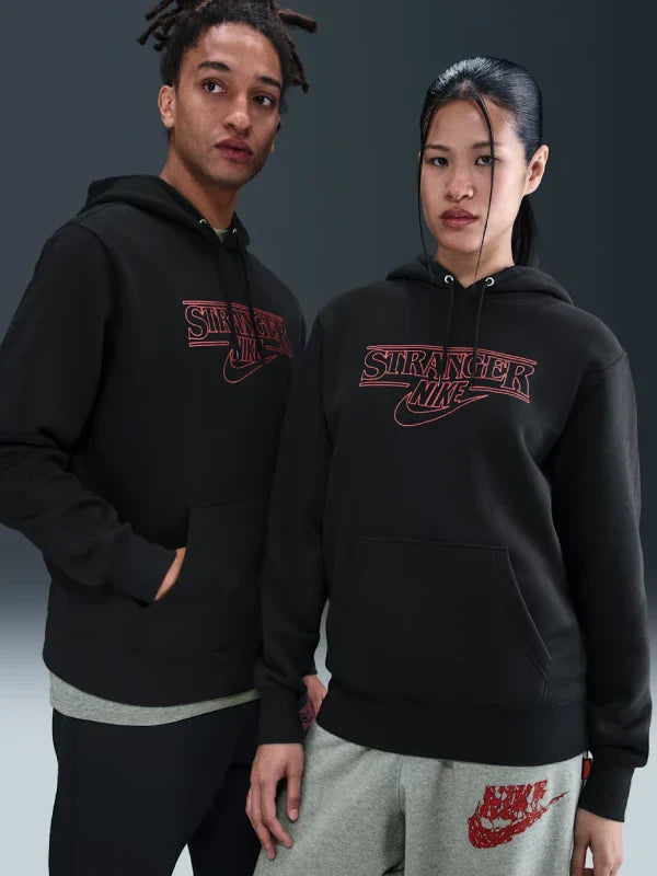 Nike x Stranger Things Hoodie Hoodie unisex front product view | Dash Racegear — Nike x Stranger Things Black Pullover Hoodie for fans seeking premium graphic streetwear inspired by the hit Netflix series.