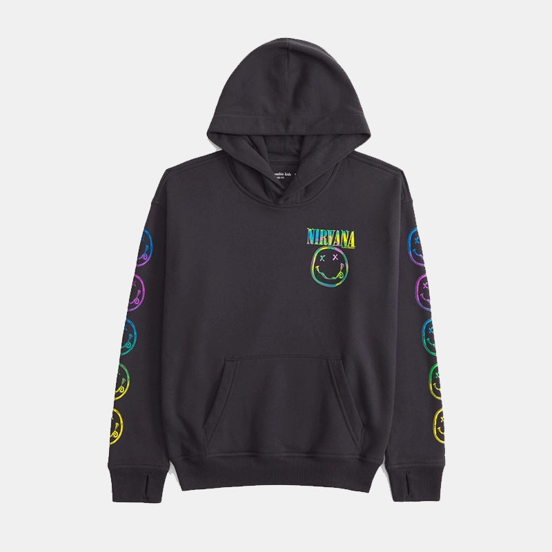 Nirvana Graphic Popover Hoodie Hoodie unisex front product view | Dash Racegear — Nirvana Popover Hoodie – Vintage Band Graphic for Fans