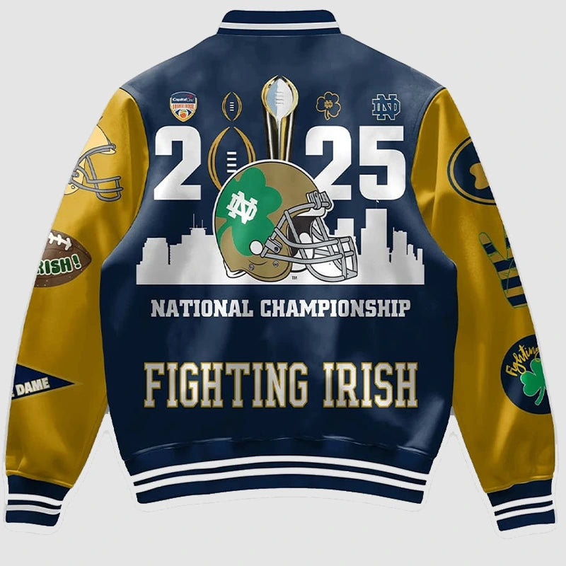Notre Dame Fighting Irish 2025 Blue Varsity Jacket Varsity Jacket unisex detail view 2 | Dash Racegear — Blue 2025 Notre Dame Jacket – Fighting Irish Varsity Design