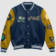 Notre Dame Fighting Irish 2025 Blue Varsity Jacket Varsity Jacket unisex front product view | Dash Racegear — Notre Dame Fighting Irish Letterman Jacket – 2025 Blue Edition