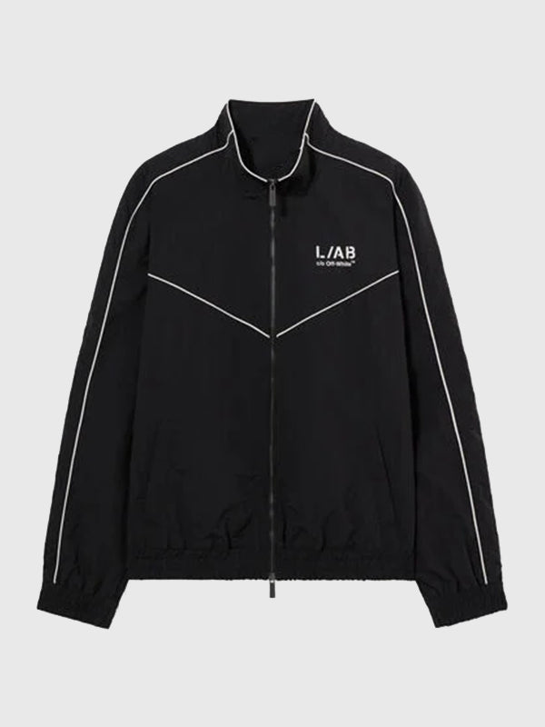 L/AB Diagonal Track Jacket Jacket unisex front product view | Dash Racegear — Black OFF-WHITE L/AB track jacket featuring diagonal detailing and a clean full-zip athletic silhouette.