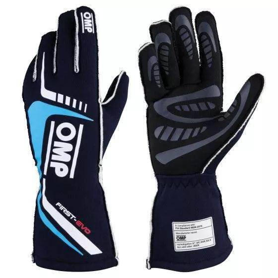 OMP First Evo Race Gloves - Navy Blue / Cyan, Large | DASH RACEGEAR