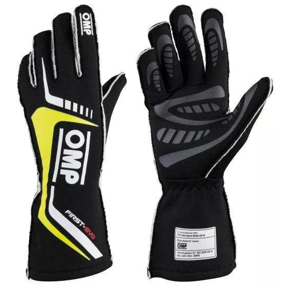 OMP First Evo Race Gloves - Black / Fluro Yellow, XLarge | DASH RACEGEAR