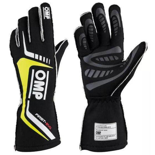 OMP First Evo Race Gloves - Black / Fluro Yellow, Large | DASH RACEGEAR