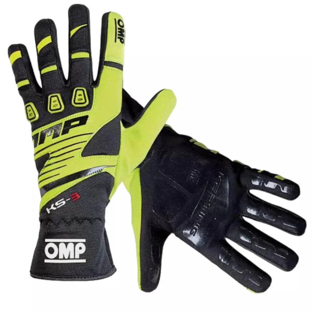 OMP KS - 3 Kids Karting Gloves - Black / Fluro Yellow - XX - Large