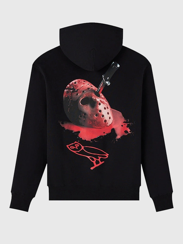 OVO Friday The 13th Mask Hoodie Hoodie unisex front product view | Dash Racegear — Trendy OVO hoodie merging horror film nostalgia with modern fashion