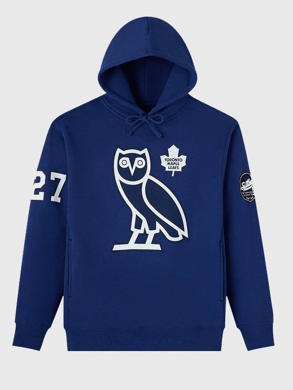 OVO Darryl Sittler Toronto Maple Leafs Hoodie Hoodie unisex front product view | Dash Racegear — Blue OVO 2026 Darryl Sittler Toronto Maple Leafs pullover hoodie, relaxed fit for streetwear looks or fan gear essentials.