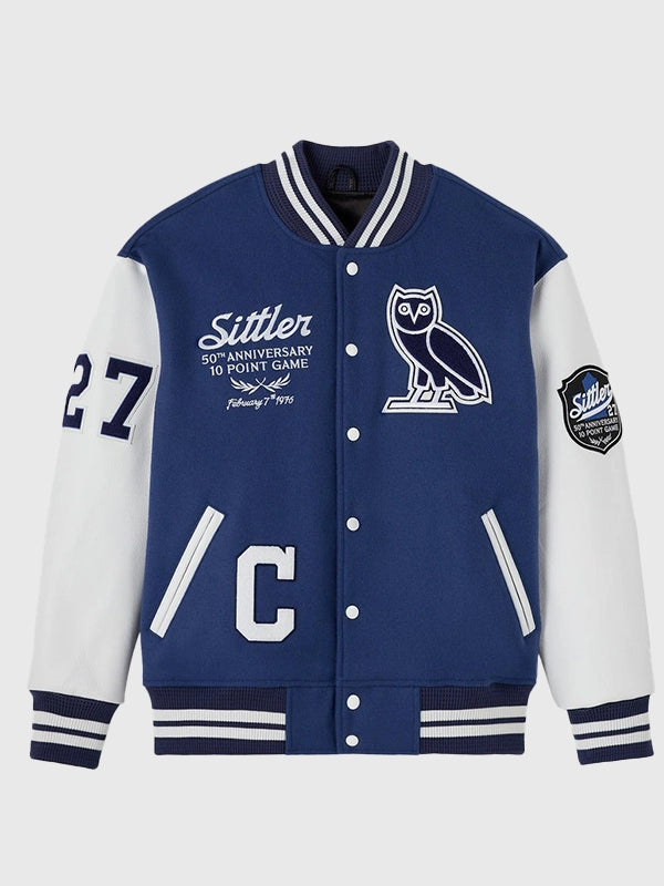 OVO Darryl Sittler Toronto Maple Leafs Varsity Jacket Varsity Jacket unisex front product view | Dash Racegear — OVO 2026 Toronto Maple Leafs Darryl Sittler varsity jacket in blue, wool body with leather sleeves for fans’ stylish game day look.