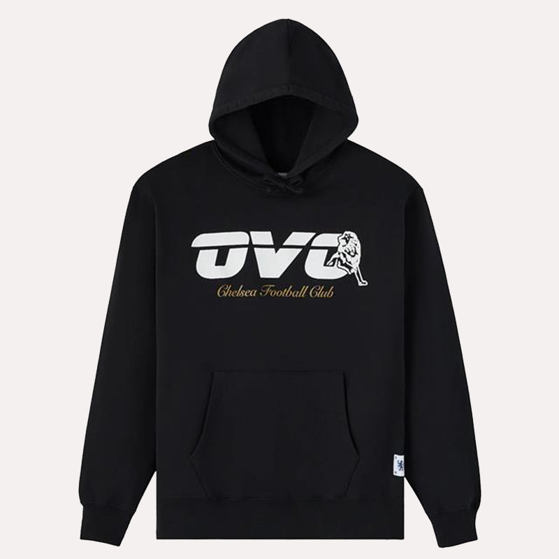 OVO x Chelsea FC Black Hoodie Hoodie unisex front product view | Dash Racegear — Minimal black pullover hoodie from OVO Chelsea FC collab