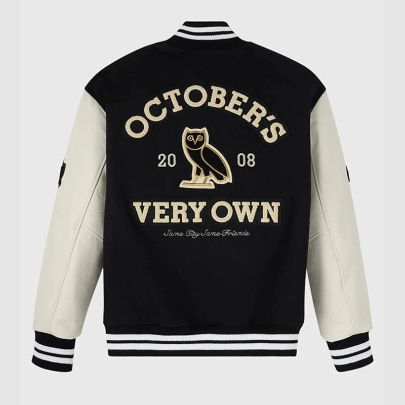 OVO Black & White Collegiate Varsity Jacket Varsity Jacket unisex detail view 2 | Dash Racegear — Black & White OVO Varsity Jacket – Timeless Collegiate Fashion