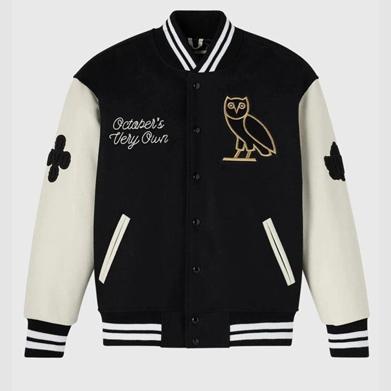 OVO Black & White Collegiate Varsity Jacket Varsity Jacket unisex front product view | Dash Racegear — OVO Black & White Collegiate Varsity Jacket – Classic Letterman Style