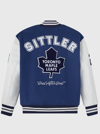OVO Darryl Sittler Toronto Maple Leafs Varsity Jacket Varsity Jacket unisex detail view 2 | Dash Racegear — Blue OVO 2026 Toronto Maple Leafs Darryl Sittler varsity jacket featuring wool and leather, perfect for casual fan wear.