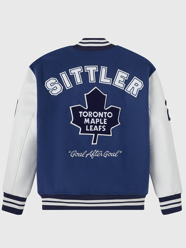 OVO Darryl Sittler Toronto Maple Leafs Varsity Jacket Varsity Jacket unisex detail view 2 | Dash Racegear — Blue OVO 2026 Toronto Maple Leafs Darryl Sittler varsity jacket featuring wool and leather, perfect for casual fan wear.